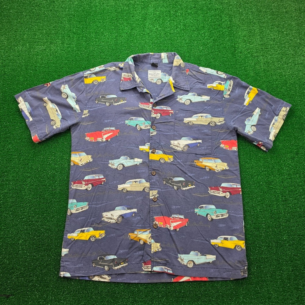 David Carey Originals Vintage Chevrolet Classic Cars Camp Shirt Mens Large Blue